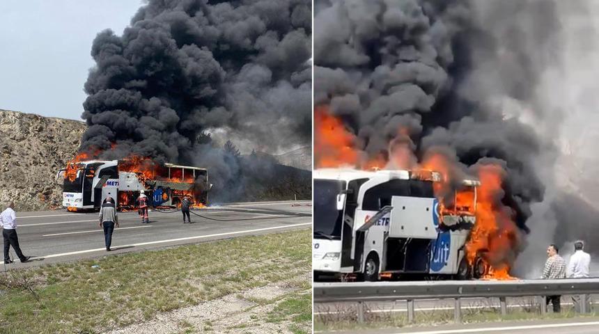TEM'de dehşet anları! Yolcu otobüsü alev alev yandı...