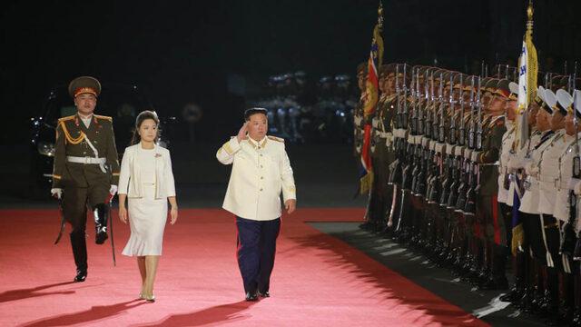 The North Korean leader Kim Jong-un hosting a military parade in Pyongyang in April