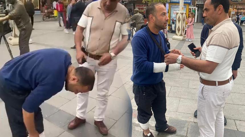 Utanmadan insanları kandırmış! Kolunu ve bacağını sarıp engelli gibi davranan dilenci yakalandı