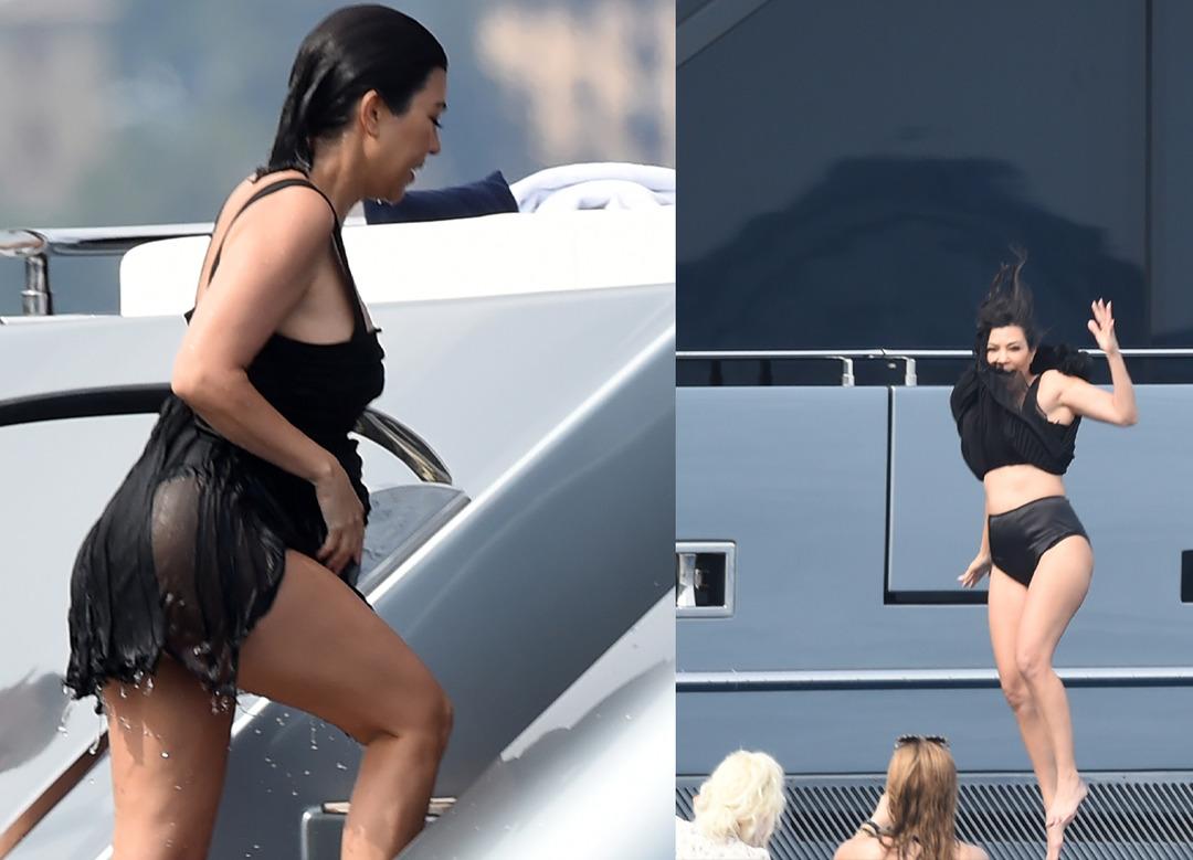&Ccedil;i&ccedil;eği burnunda gelin Kourtney Kardashian seksi geceliği denize atladı 