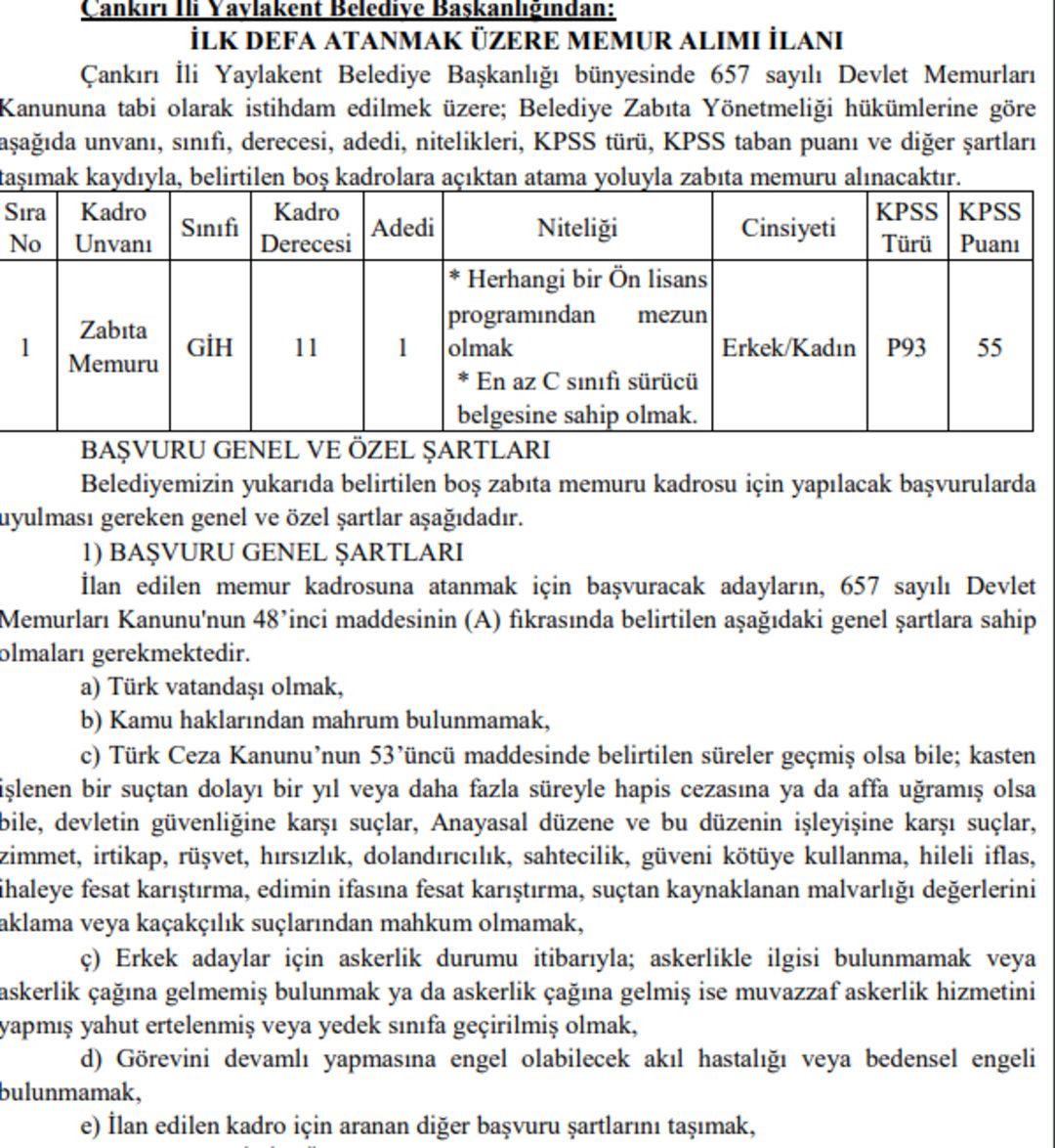 Çankırı Yaylakent Belediyesi Memur Alım İlanı 09.06.2022