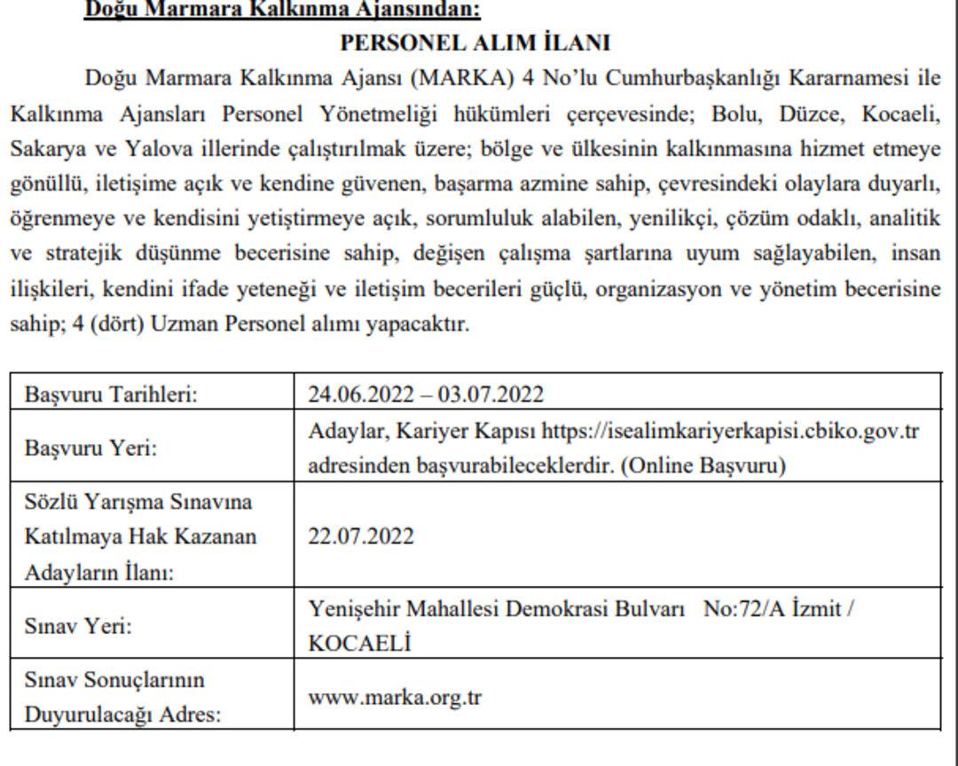 Doğu Marmara Kalkınma Ajansı Personel Alım İlanı 03.07.2022
