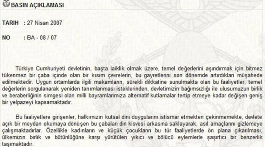 27 Nisan e-muhtırası tam metni