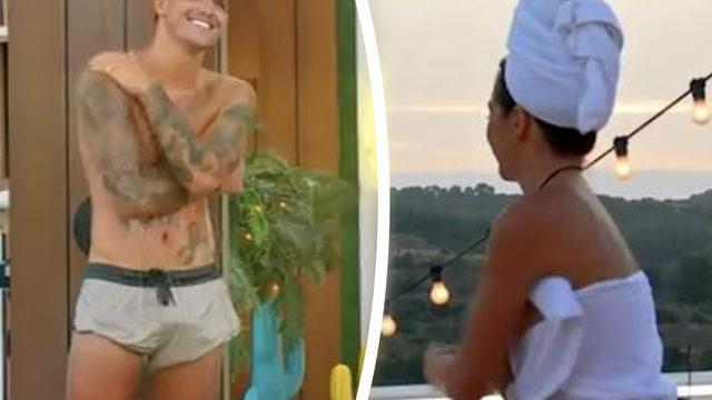 Gemma Owen duştan çıktı, havlusunu açıp göğüslerini gösterdi