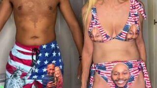 Aralarındaki yaş farkına rağmen bayrak desenli bikinisiyle eleştirilere meydan okudu! “Ben 61 yaşındayım, kocam 24”