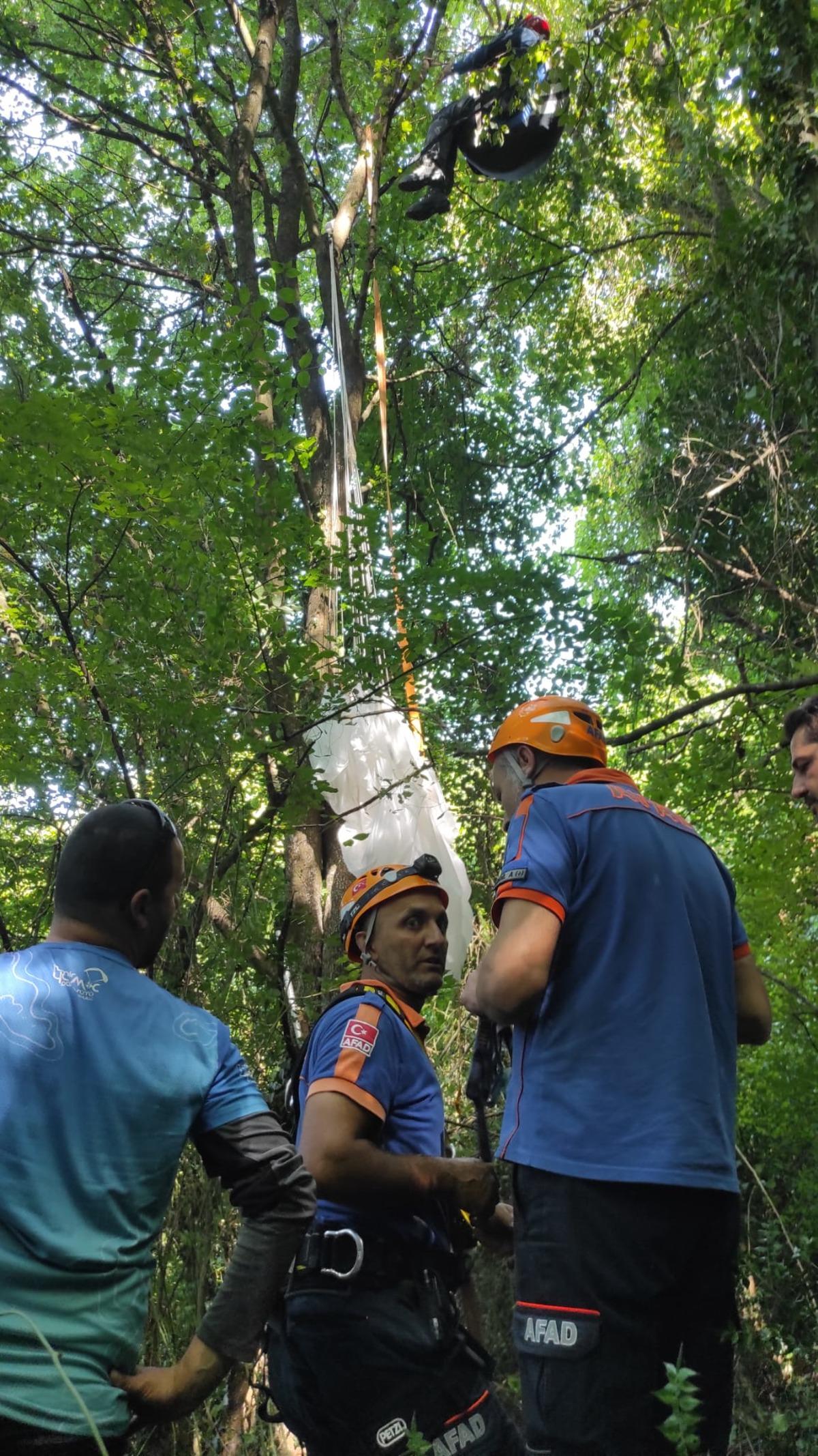 Sakarya'da ağa&ccedil;lara takılan paraş&uuml;t&ccedil;&uuml;, AFAD ekibince kurtarıldı