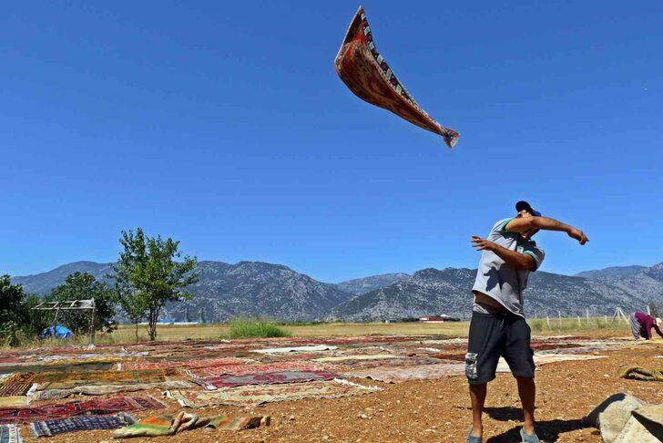 Antalya’da binlerce dolar değerinde halılar temizlenmek için tarlaya serildi! Hırsızlardan korumak için başında nöbet tutuyorlar G3