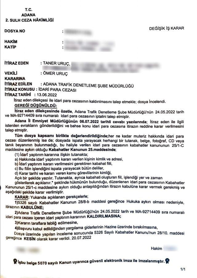 Adana'da fahri trafik müfettişinin yazdığı ceza delil olmadığı gerekçesiyle iptal edildi