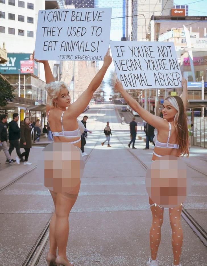 Vegan aktivist Tash Peterson, sokak ortasında iç çamaşırlı protesto yaptı! Tepki çekmesine aldırmadan hayvan haklarını savundu G3
