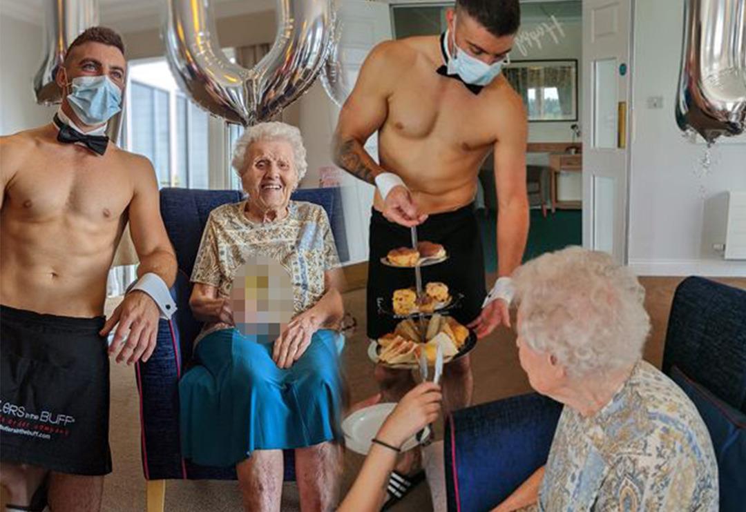 Huzurevinde yaşayan bir kadın, 106. doğum g&uuml;n&uuml;nde &ccedil;ıplak garson istedi! O anlar sosyal medyada g&uuml;ndem oldu