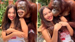 İlginç an! Fotoğraf çektirmek istedi, bir anda maymun sarılıp poz vermeye başladı