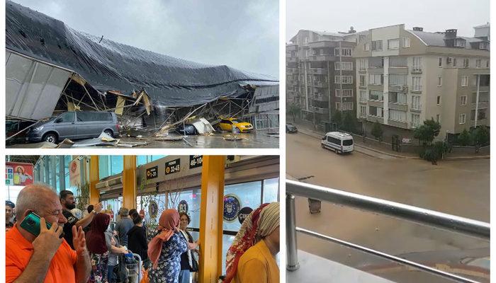 Yolcuların korku dolu anları: Uyarıların ardından çok kuvvetli geldi! Otobüs terminaline yıldırım düştü, çatı çöktü, yollar göle döndü
