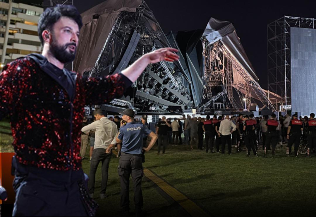 Tarkan'ın İzmir'de konser vereceği dev sahne yıkıldı! Yıkılan sahne tepeden g&ouml;r&uuml;nt&uuml;lendi! Tarkan'dan a&ccedil;ıklama geldi