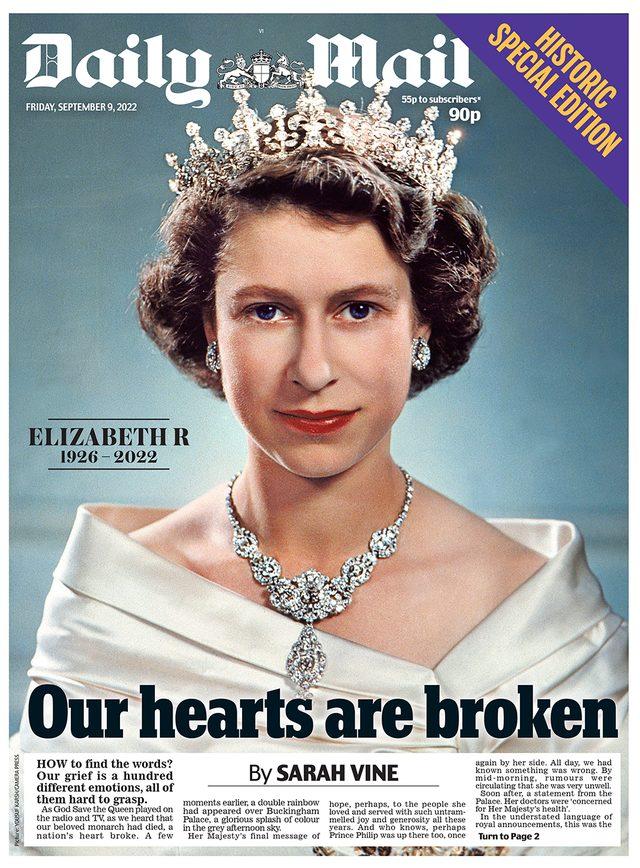 Daily Mail gazetesi manşetinde Kraliçe'nin 1952'den, Prenses Elizabeth olduğu dönemden bir portresini kullandı ve 