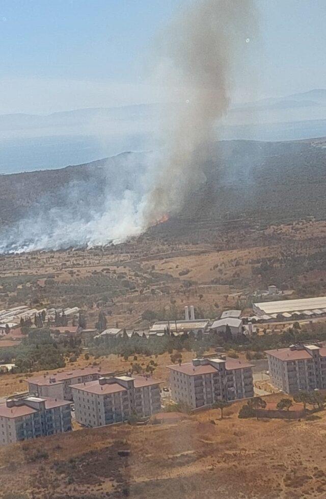 İzmir Foça'da makilikte çıkan yangına müdahale ediliyor