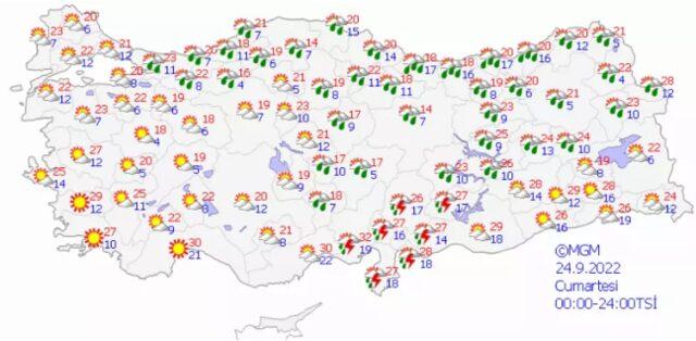 24 eylül cumartesi haritalı hava durumu