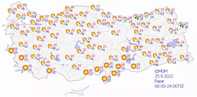 25 eylül pazar haritalı hava durumu