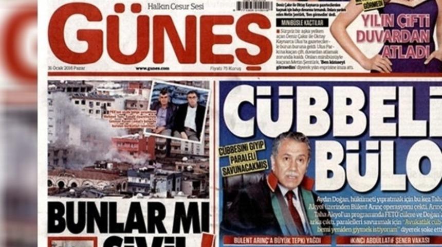 Güneş gazetesi, 'paralel yapı' operasyonlarını eleştiren Arınç'ı 'Cübbeli Bülo' ilan etti!