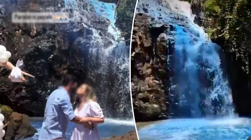 Pes dedirttiler! Cinsiyet partisi için şelaleyi renklendiren çift olay oldu