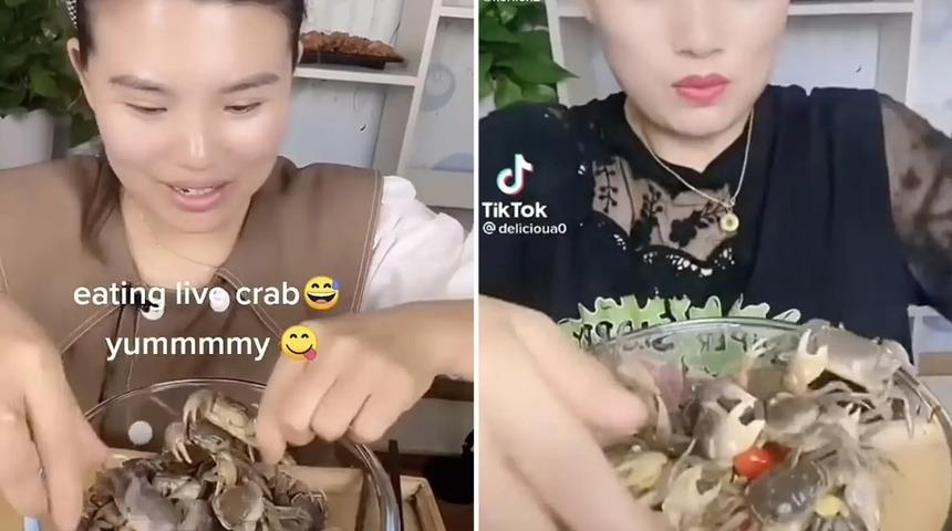 Sosyal medyayı ikiye böldü! Yengeçleri elleriyle canlı canlı yedi