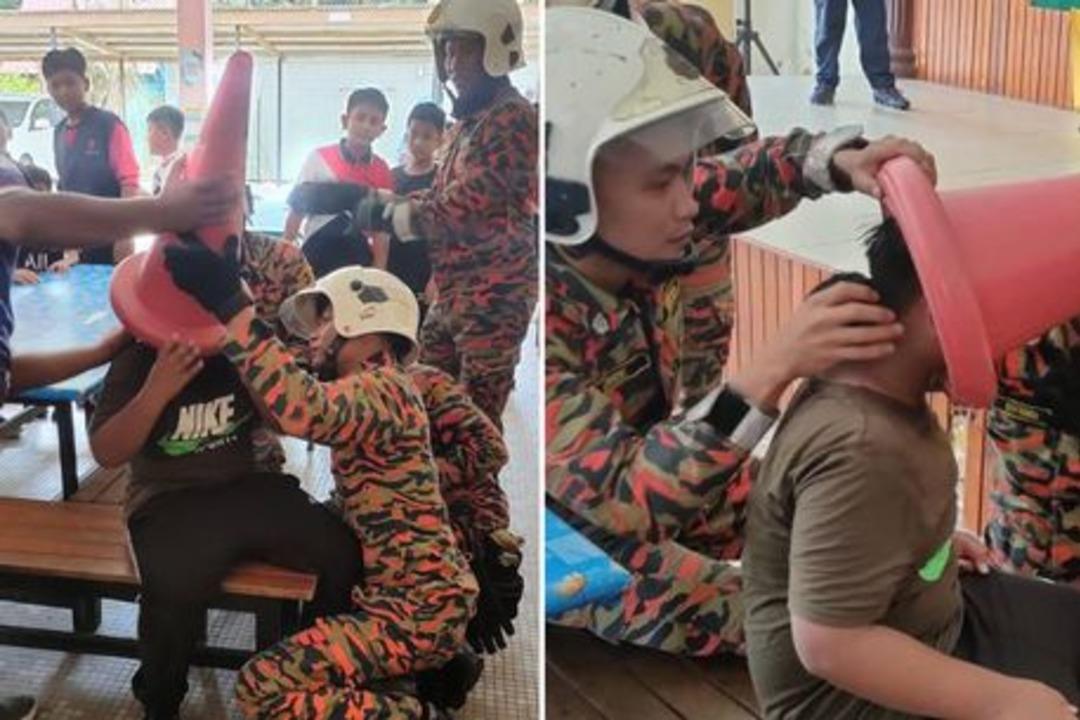 Şakanın sonu k&ouml;t&uuml; bitti! 10 yaşındaki &ccedil;ocuğun kafasına trafik konisi sıkıştı... &Ccedil;ıkartmak i&ccedil;in adeta seferber oldular