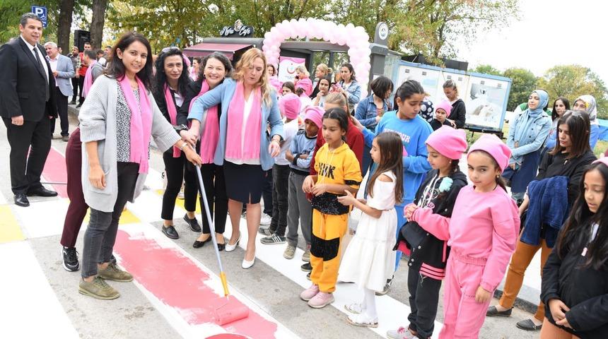 Edirne'de meme kanserine dikkat çekmek için yaya geçidi pembeye boyandı