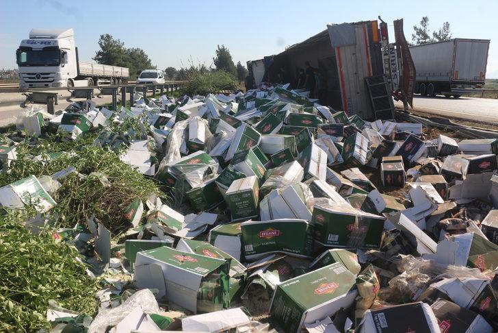 Adana'da dorsesinde pirinç taşıyan tır otoyolda devrildi G2