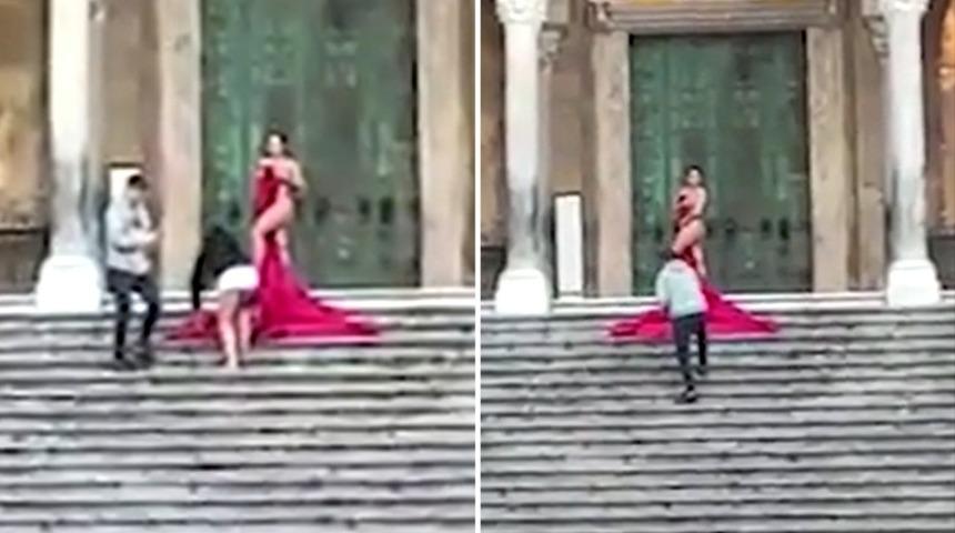İtalyan ibadet merkezinin merdivenlerinde çırılçıplak soyundu! İngiliz sosyal medya fenomeni öfkeye neden oldu