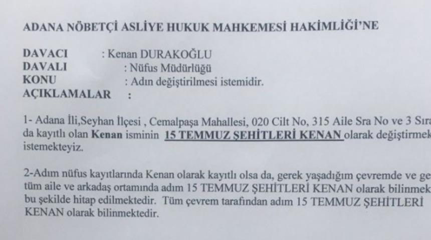 Adanalı vatandaş adını 15 Temmuz Şehitleri olarak değiştirmek için başvuruda bulundu