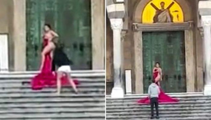 İtalyan katedralinin merdivenlerindeki çıplak fotoğraf çekimi tepki çekti! Çırılçıplak soyunup bir çarşafla örtündü