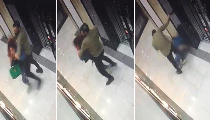 Dehşete düşüren anlar! Asansörün önünde kadını feci şekilde dövdü