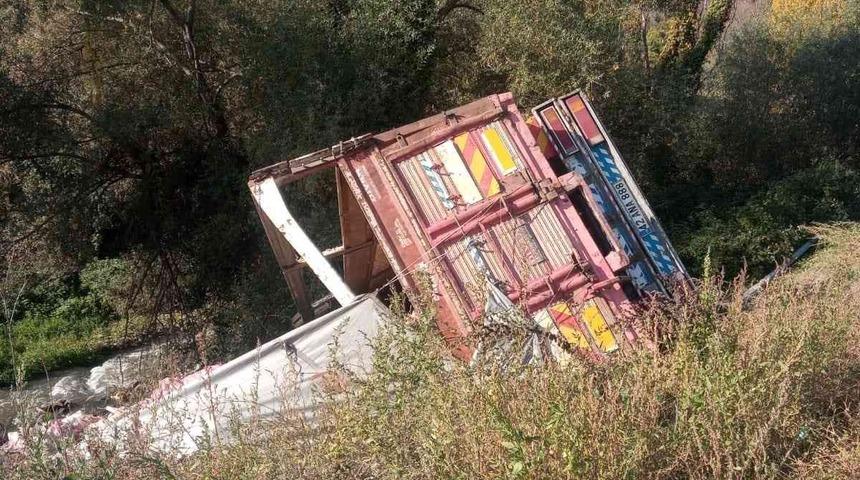 Direksiyonu kitlenen sebze yüklü kamyon şarampole uçtu