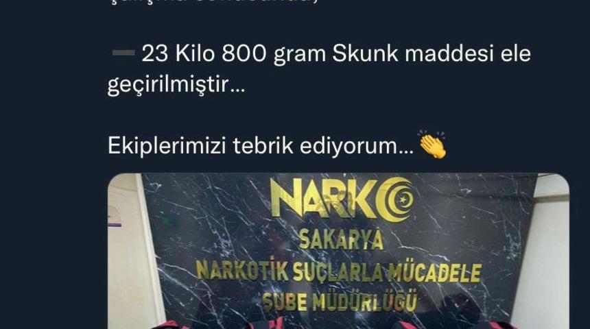 Sakarya’da 23 kilo 800 gram skunk ele geçirildi
