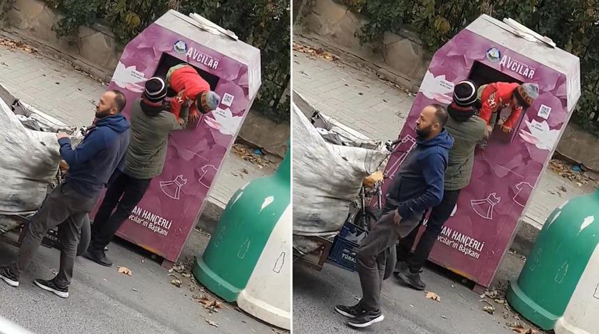 Avcılar'da ilginç görüntü! Çocuğu içeri sokup kumbaradan giysi çalmaya çalıştı