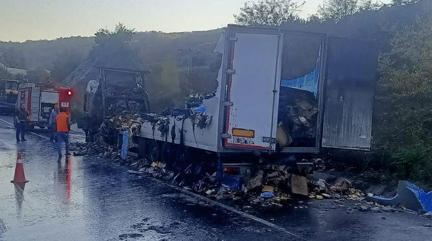 Bilecik'te tavuk eti yüklü tır yandı