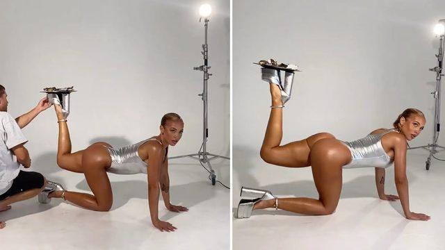 Sosyal medya fenomeni Tammy Hembrow'dan şov gibi pozlar! Kalçalarından güç alıp topuklarında taşıdığı tepsi olay oldu