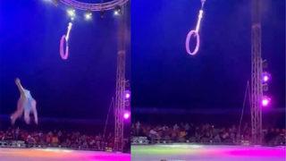 Korku dolu anlar! Çemberi yakalayamayan akrobat metrelerce yüksekten böyle düştü... O anlar anbean kaydedildi