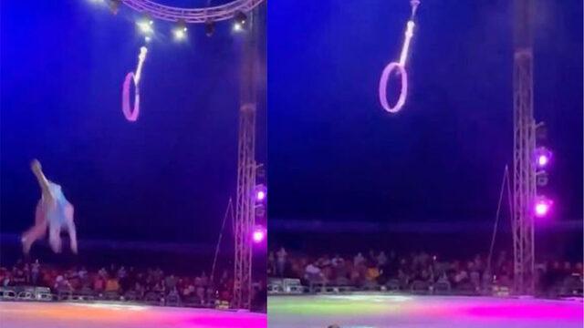 Korku dolu anlar! Çemberi yakalayamayan akrobat metrelerce yüksekten böyle düştü... O anlar anbean kaydedildi