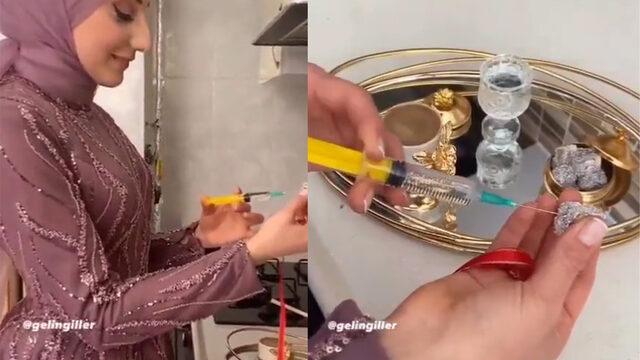 Damat kahvesinde son nokta! Gelinin kız isteme töreninde şırıngayla lokuma tuz enjekte etmesi sosyal medyada gündem yarattı