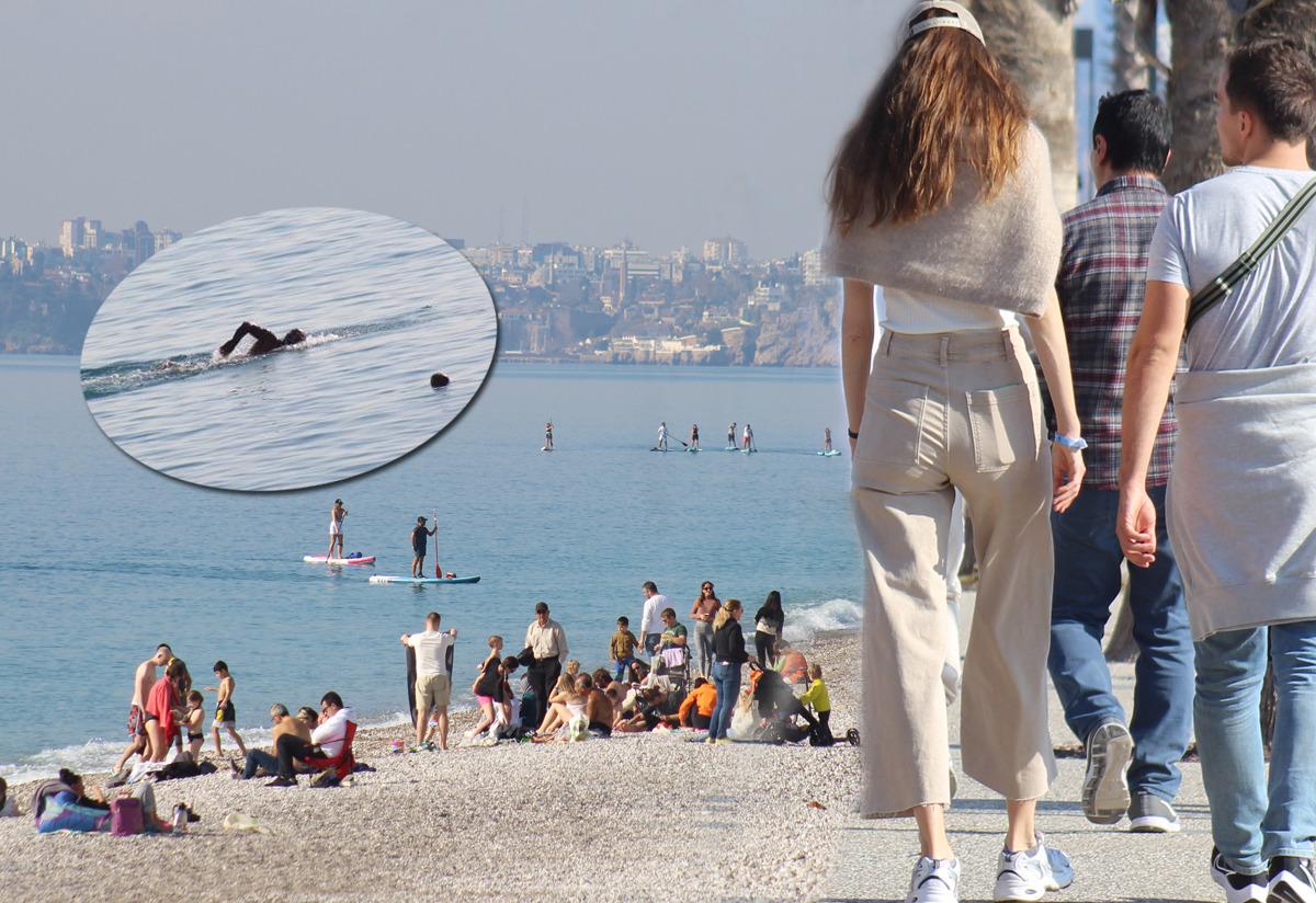 22 Ocak'ta bahar havası! Antalya'da tatilci ve turist akını...  G&uuml;neşi g&ouml;ren sahile koştu