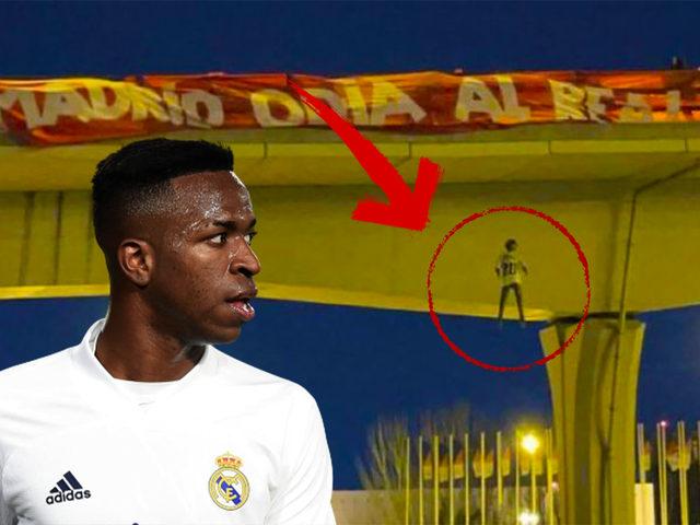 Atletico Madrid taraftarlarından derbi öncesi şoke eden eylem! Real Madrid'in yıldızı Vinicus Jr.'ı köprüden sallandırdılar! Kulüpten kınama geldi