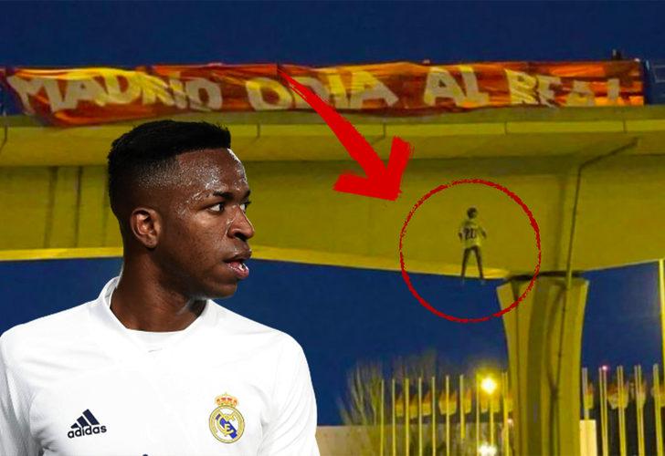 Atletico Madrid taraftarlarından derbi öncesi şoke eden eylem! Real Madrid'in yıldızı Vinicus Jr.'ı köprüden sallandırdılar! Kulüpten kınama geldi