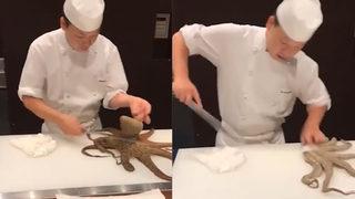 Bir gören bir daha baktı! Ahtapotu canlı canlı keserek parçalara ayırdı... Bir de o anları kaydetti