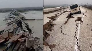 Depremin vurduğu Hatay'da dehşete düşüren görüntüler! Havalimanı pisti yarıldı, araçlar asfalttaki dev yarıklara düştü