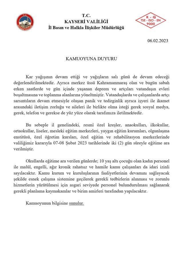 Kayseri'de yarın okullar tatil mi? 7 Şubat yarın Kayseri'de okullar var mı yok mu? Valilikten tatil açıklaması