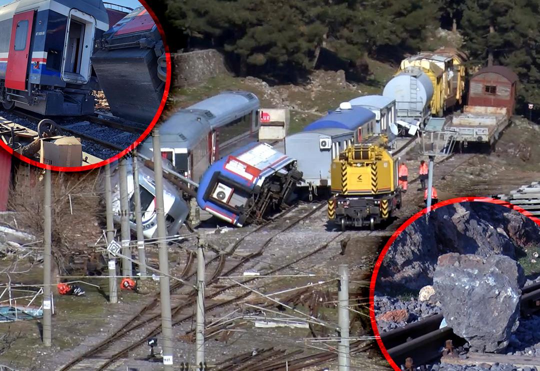 Deprem sırasında yaşandı! Dağ kenarında dehşete d&uuml;ş&uuml;ren kareler: Trenler &uuml;st &uuml;ste devrildi, ekipler alelacele harekete ge&ccedil;ti