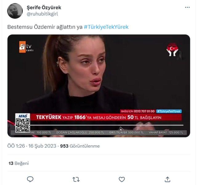 Hatay'dan dönüp Türkiye Tek Yürek yayına katılan Bestemsu Özdemir gözyaşlarını tutamadı! “Gecenin tek anlamlı karesi”