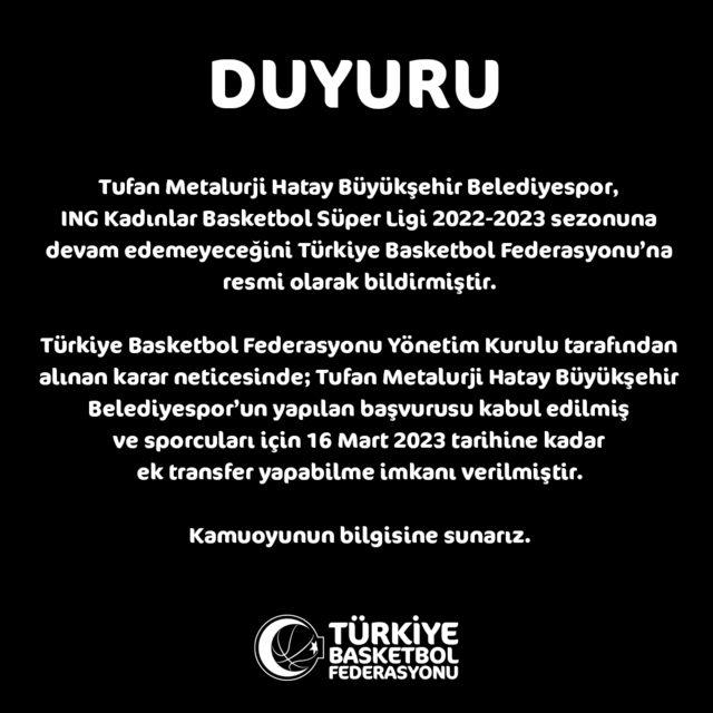 Türkiye Basketbol Federasyonu Hatay Büyükşehir Belediyespor'un ING Kadınlar Basketbol Süper Ligi'nden çekildiğini açıkladı! 640xauto