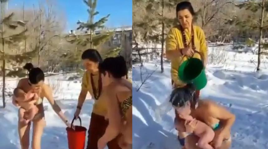 Rusya'da yeni doğan bebekler soğuğa b&ouml;yle alıştırılıyor