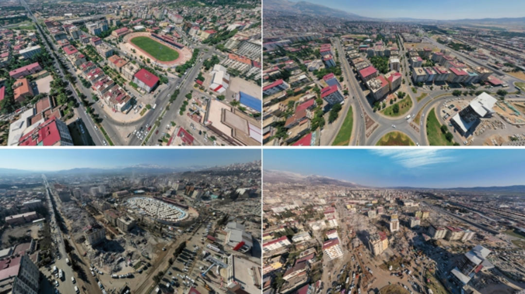 Kahramanmaraş depreminin &ouml;ncesinde ve sonrasında &ccedil;ekilen g&ouml;r&uuml;nt&uuml;ler b&uuml;y&uuml;k yıkımı g&ouml;zler &ouml;n&uuml;ne serdi! Depremin merkezinde son durum...